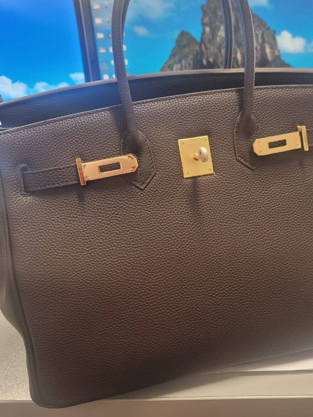 Full-Grain Top Handle Leather Satchel 35cm Brown color In Gold Lock Closure